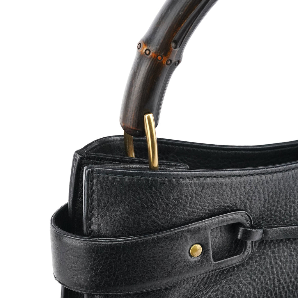 109136 Black Leather Bamboo Top Handle Bag