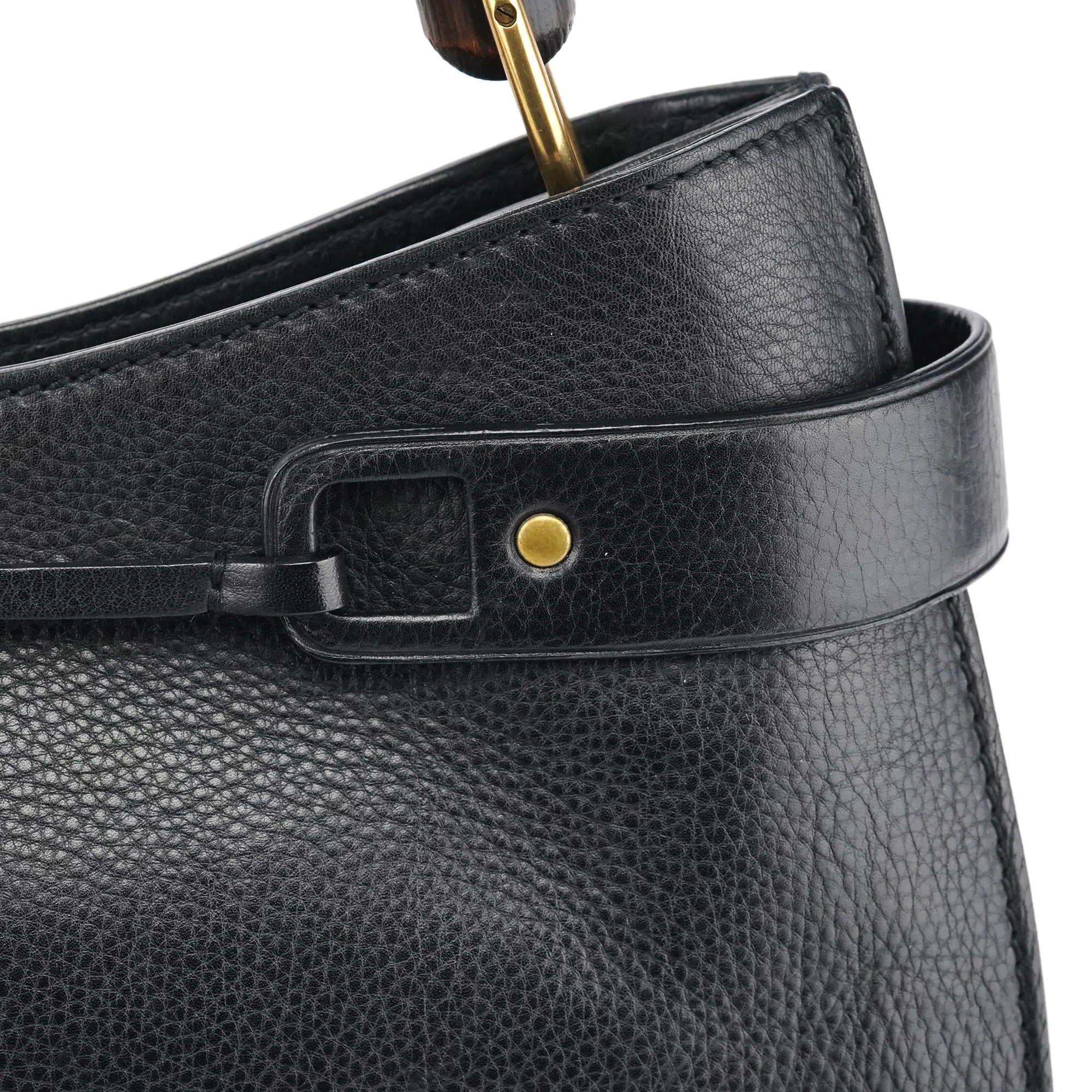 109136 Black Leather Bamboo Top Handle Bag