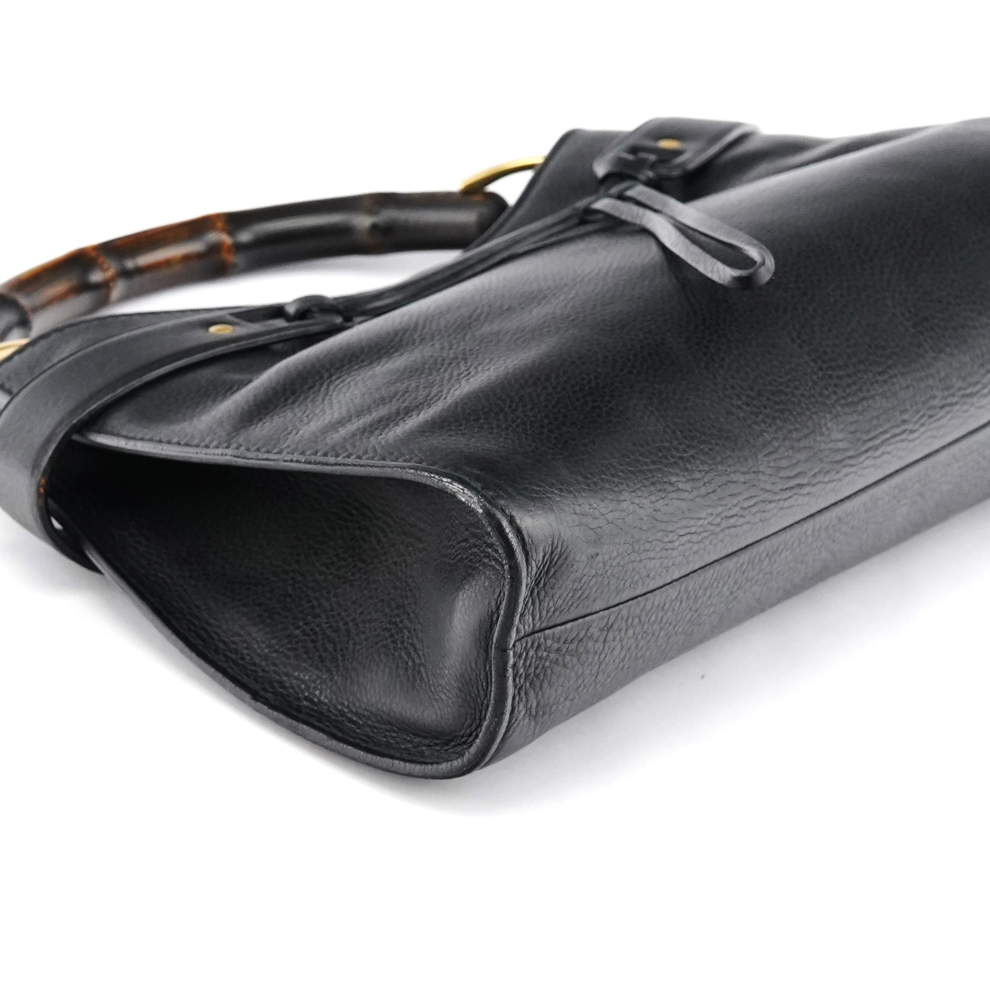 109136 Black Leather Bamboo Top Handle Bag