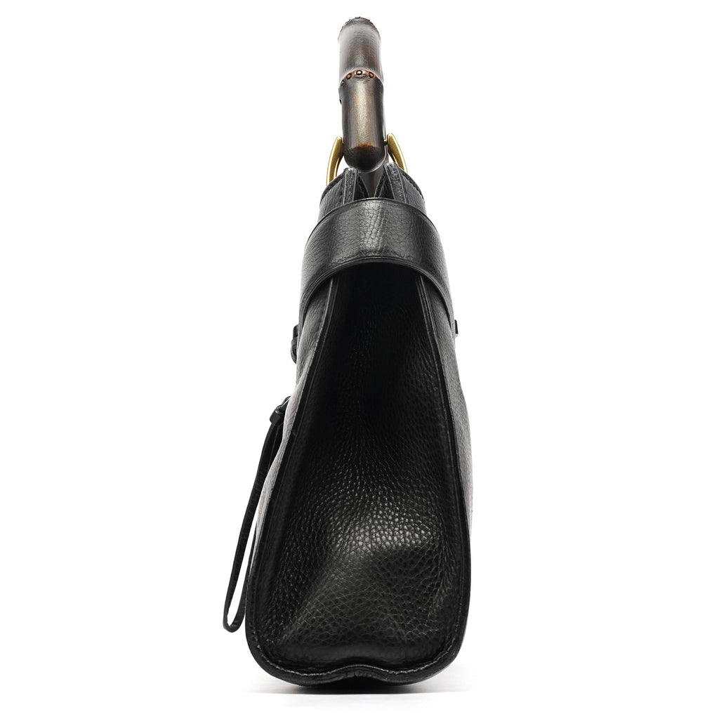 109136 Black Leather Bamboo Top Handle Bag