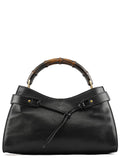 109136 Black Leather Bamboo Top Handle Bag