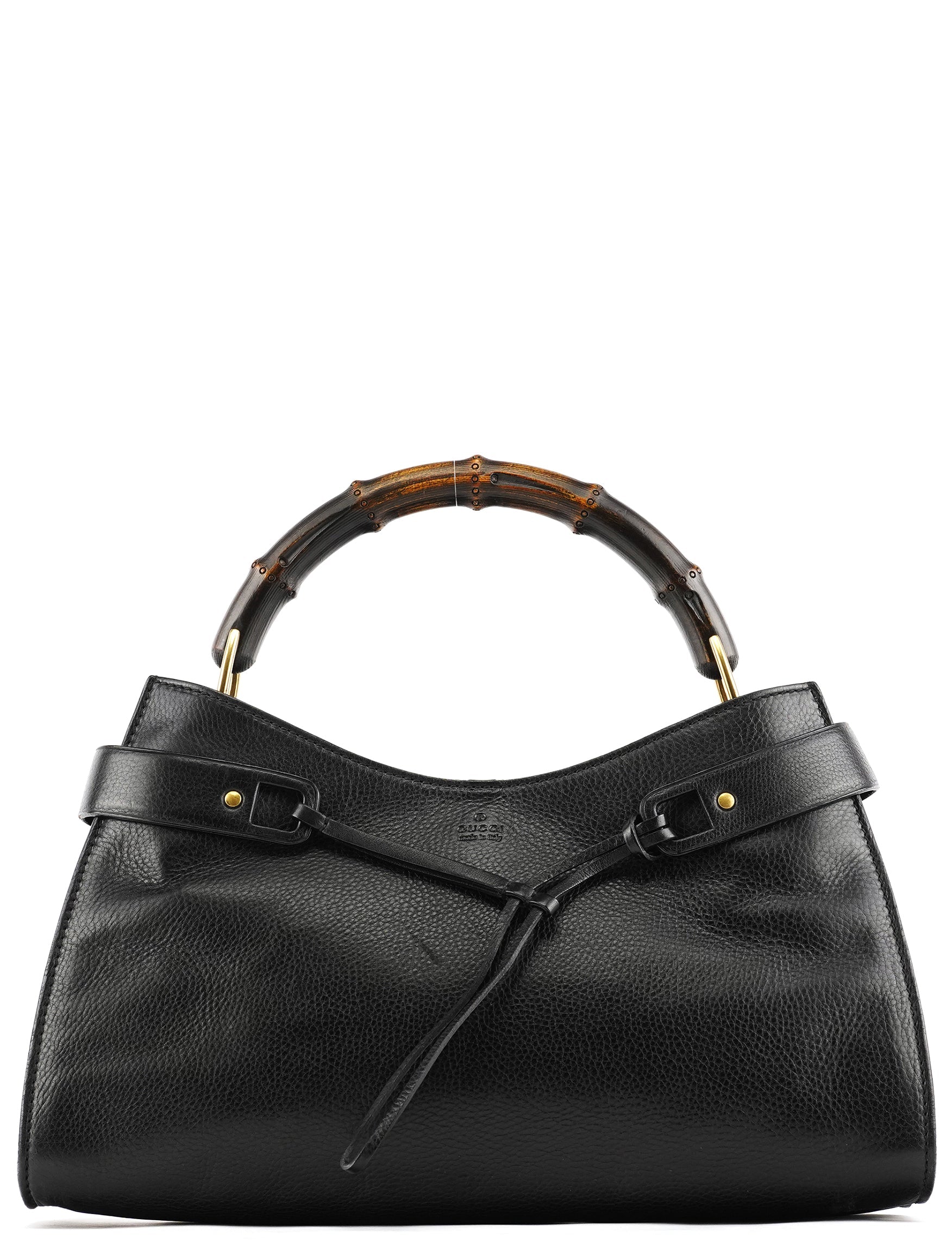 109136 Black Leather Bamboo Top Handle Bag