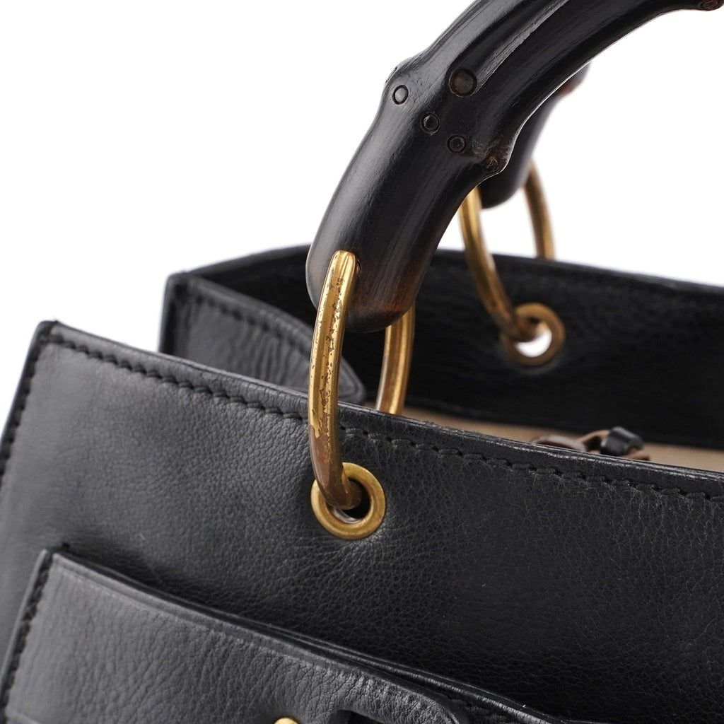 109138 Black Calfskin Bamboo Dual Handle Bag