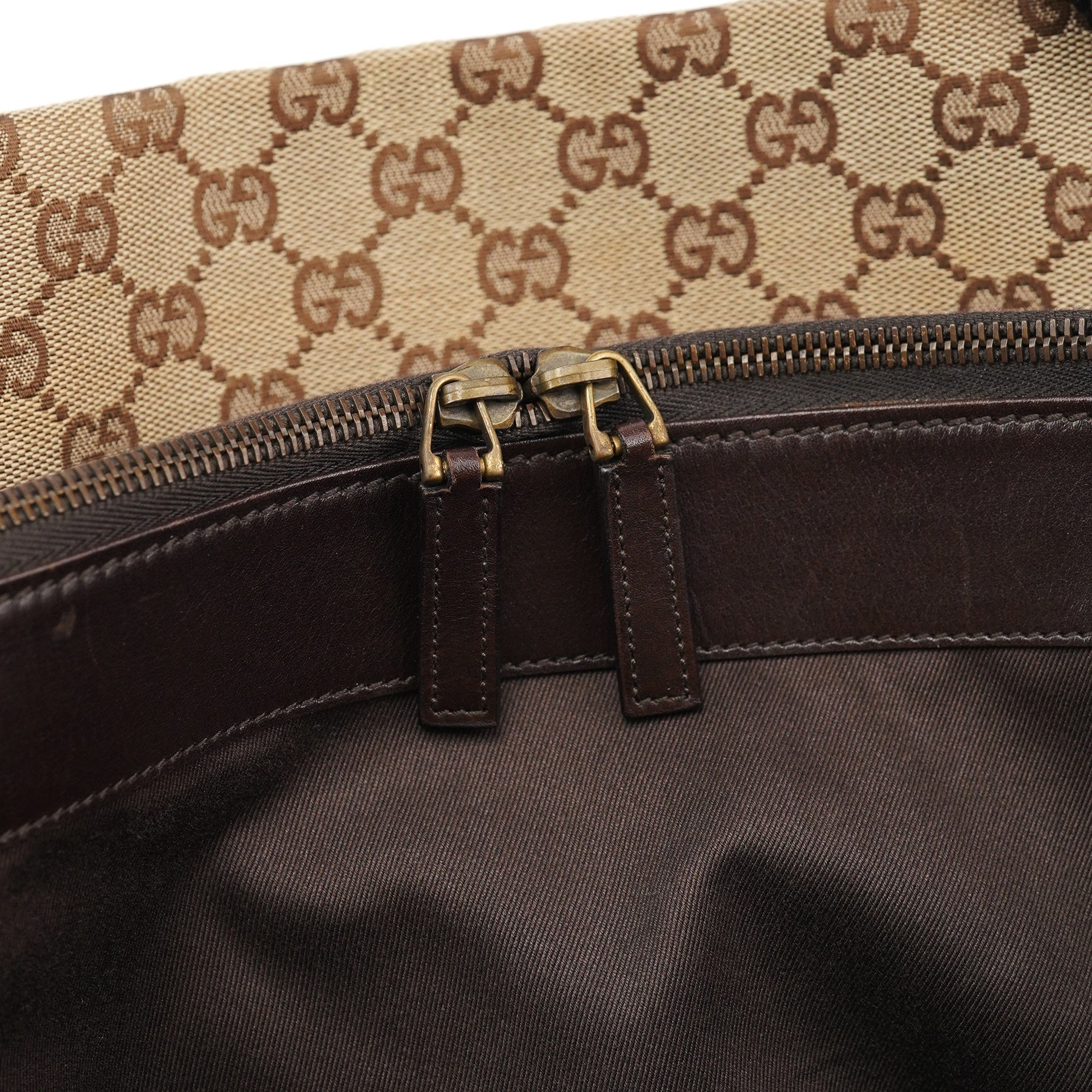 109140 Beige GG Leather Woven Handle Tote Bag