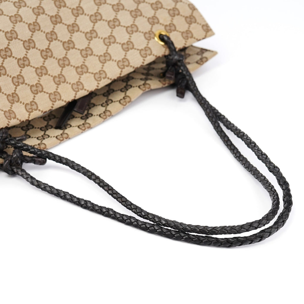 109140 Beige GG Leather Woven Handle Tote Bag