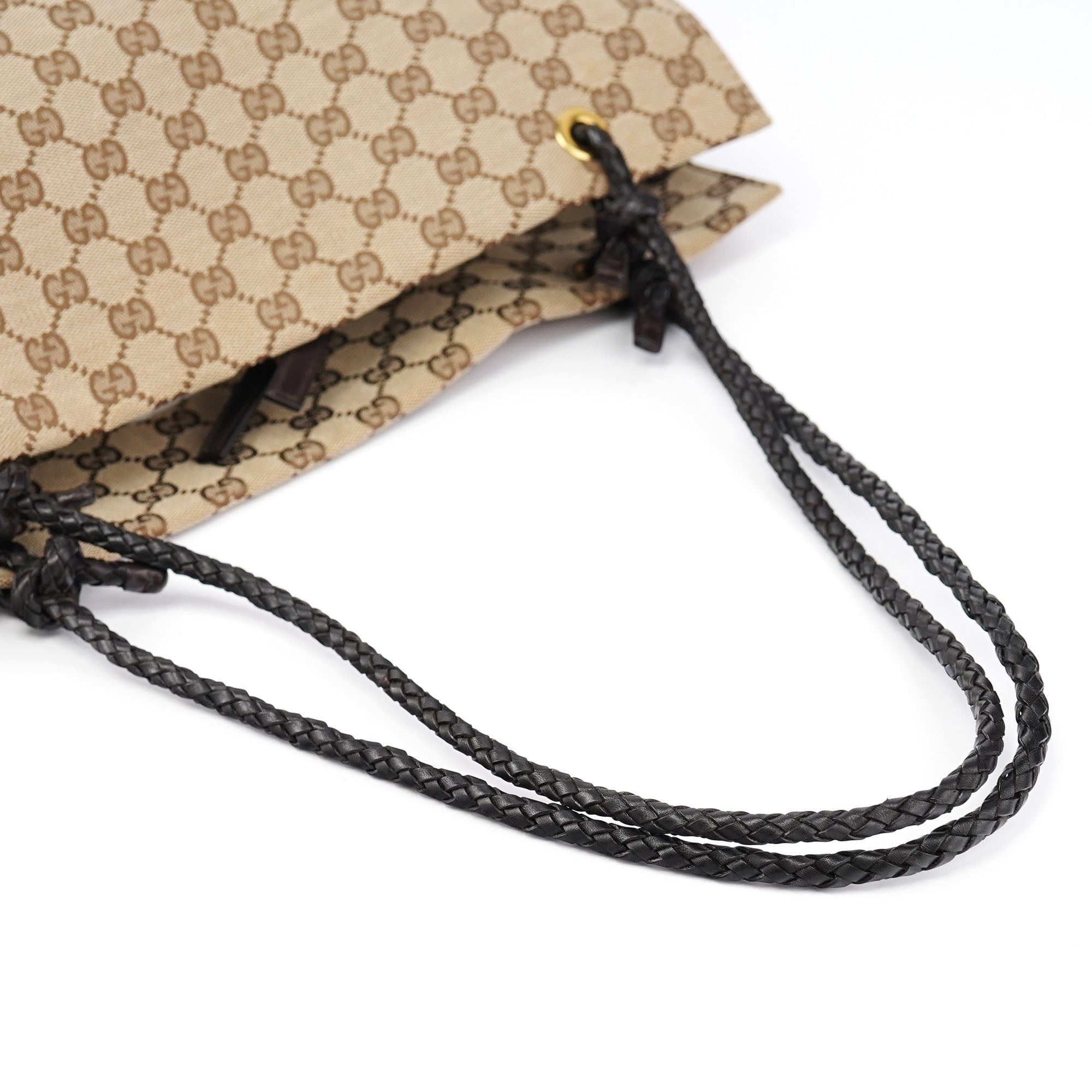 109140 Beige GG Leather Woven Handle Tote Bag