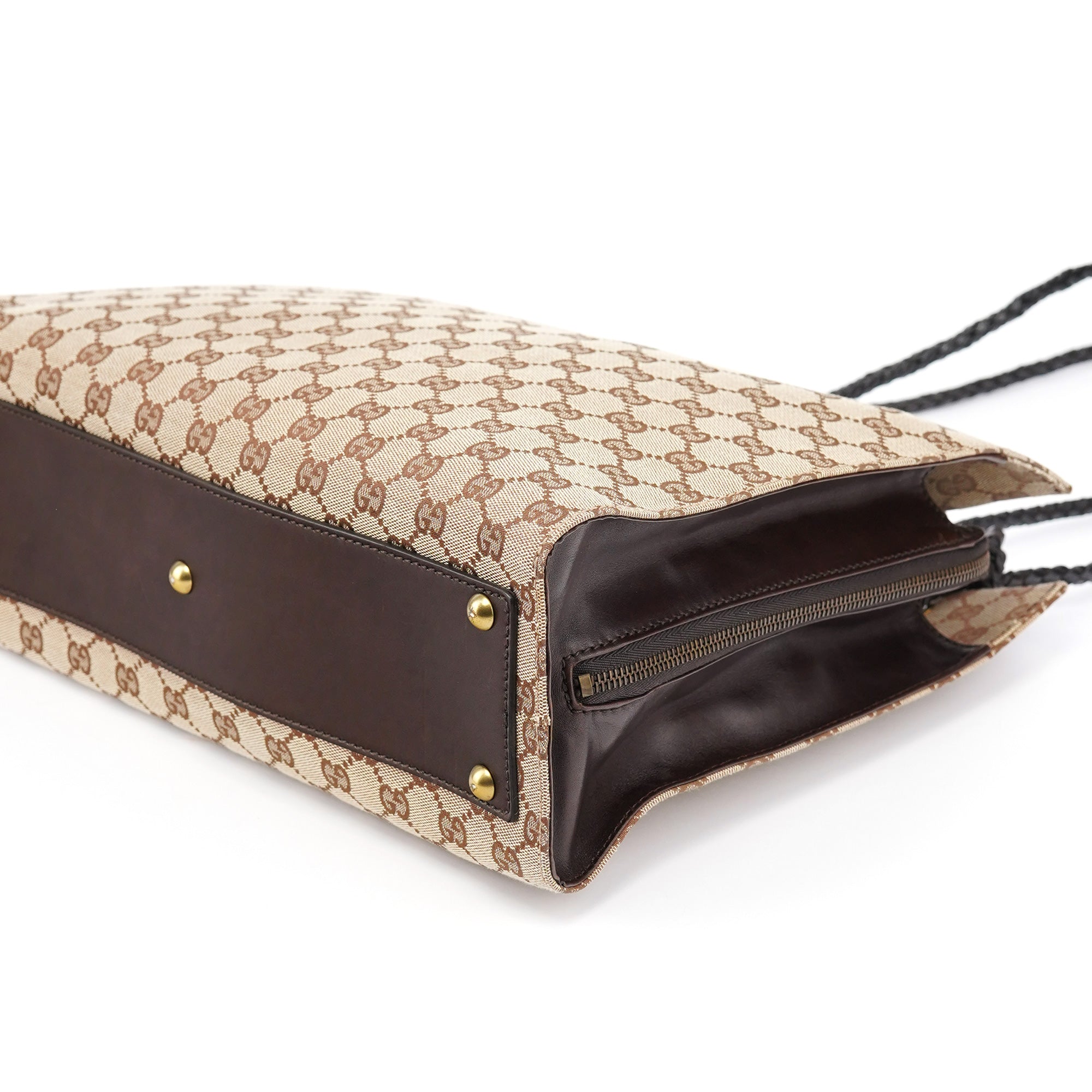 109140 Beige GG Leather Woven Handle Tote Bag