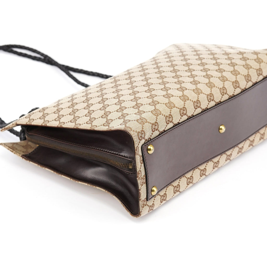 109140 Beige GG Leather Woven Handle Tote Bag