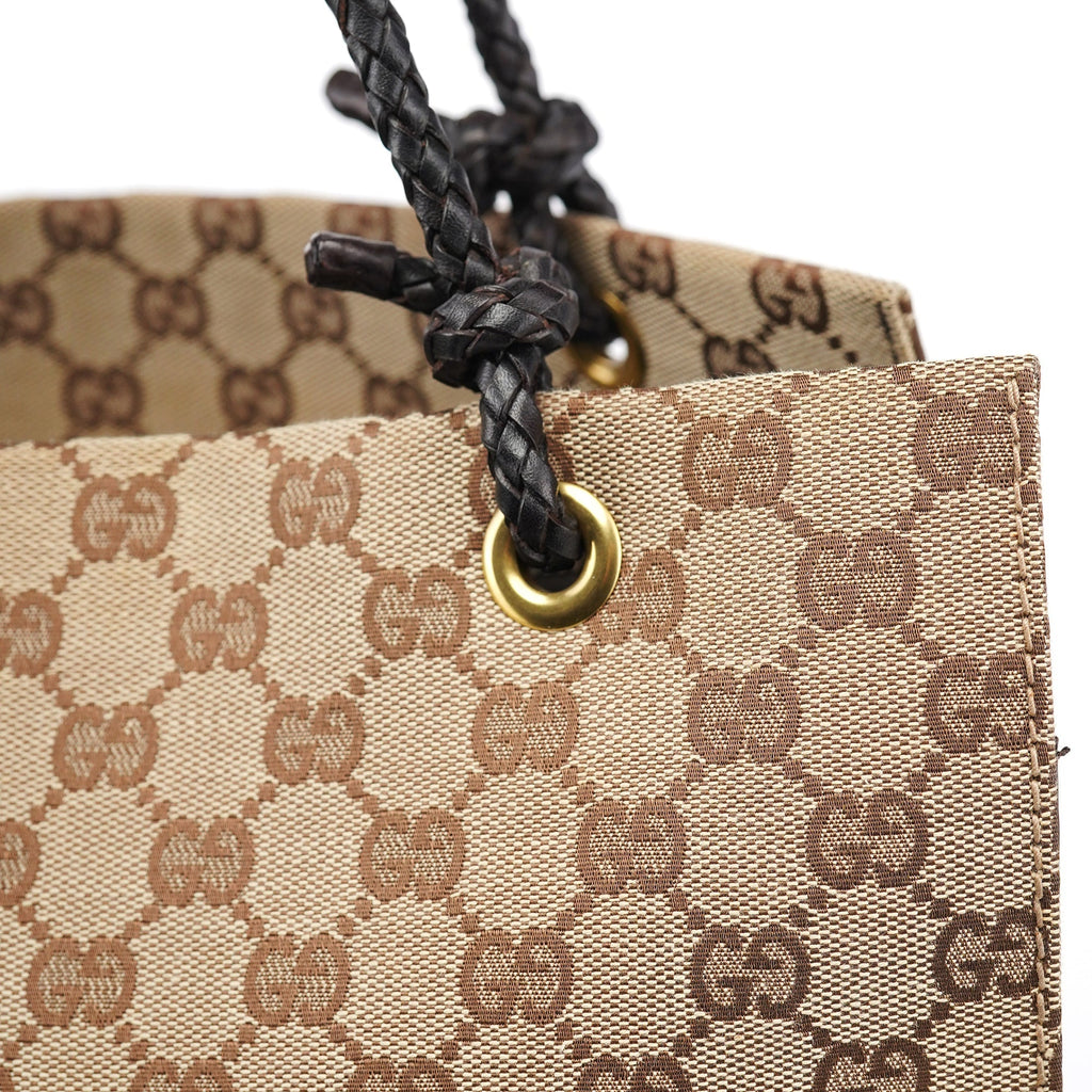 109140 Beige GG Leather Woven Handle Tote Bag