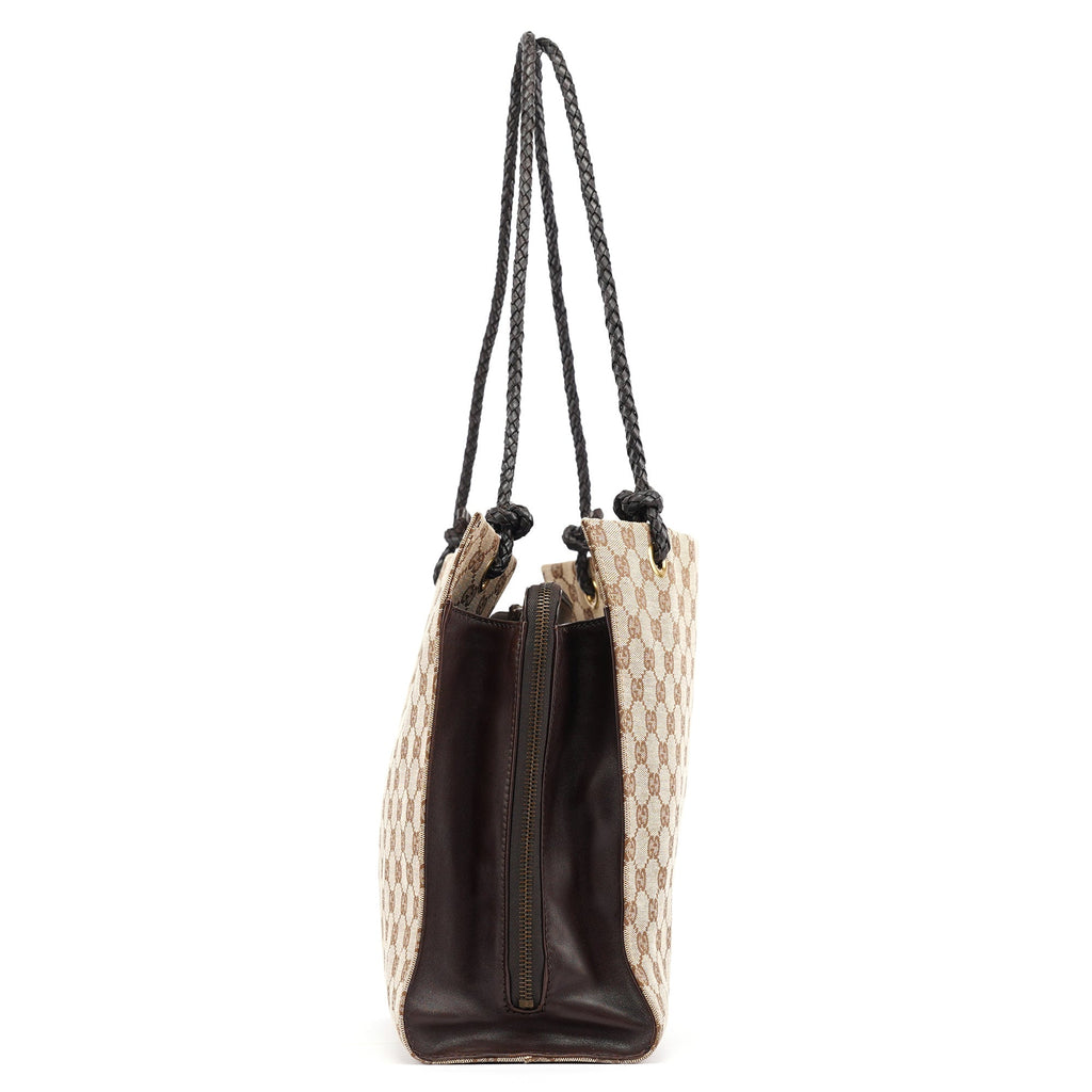 109140 Beige GG Leather Woven Handle Tote Bag