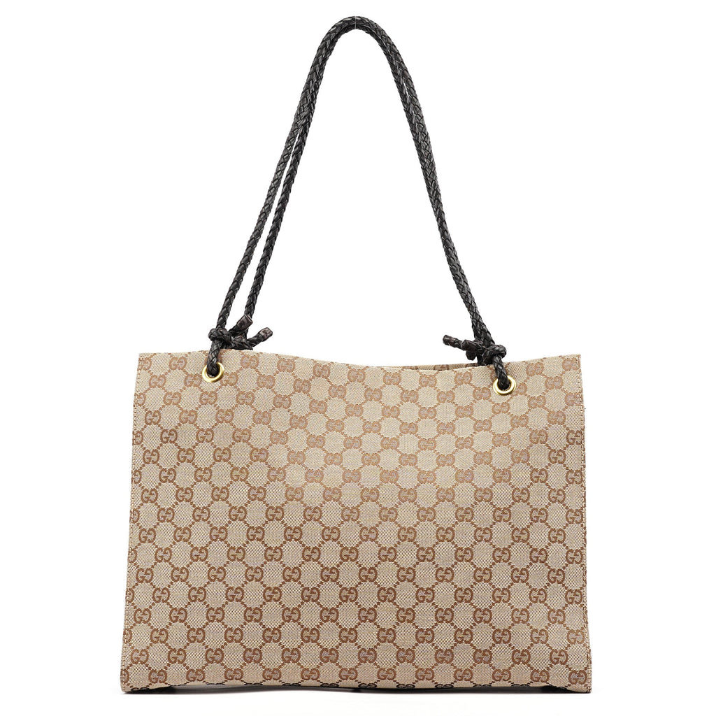 109140 Beige GG Leather Woven Handle Tote Bag