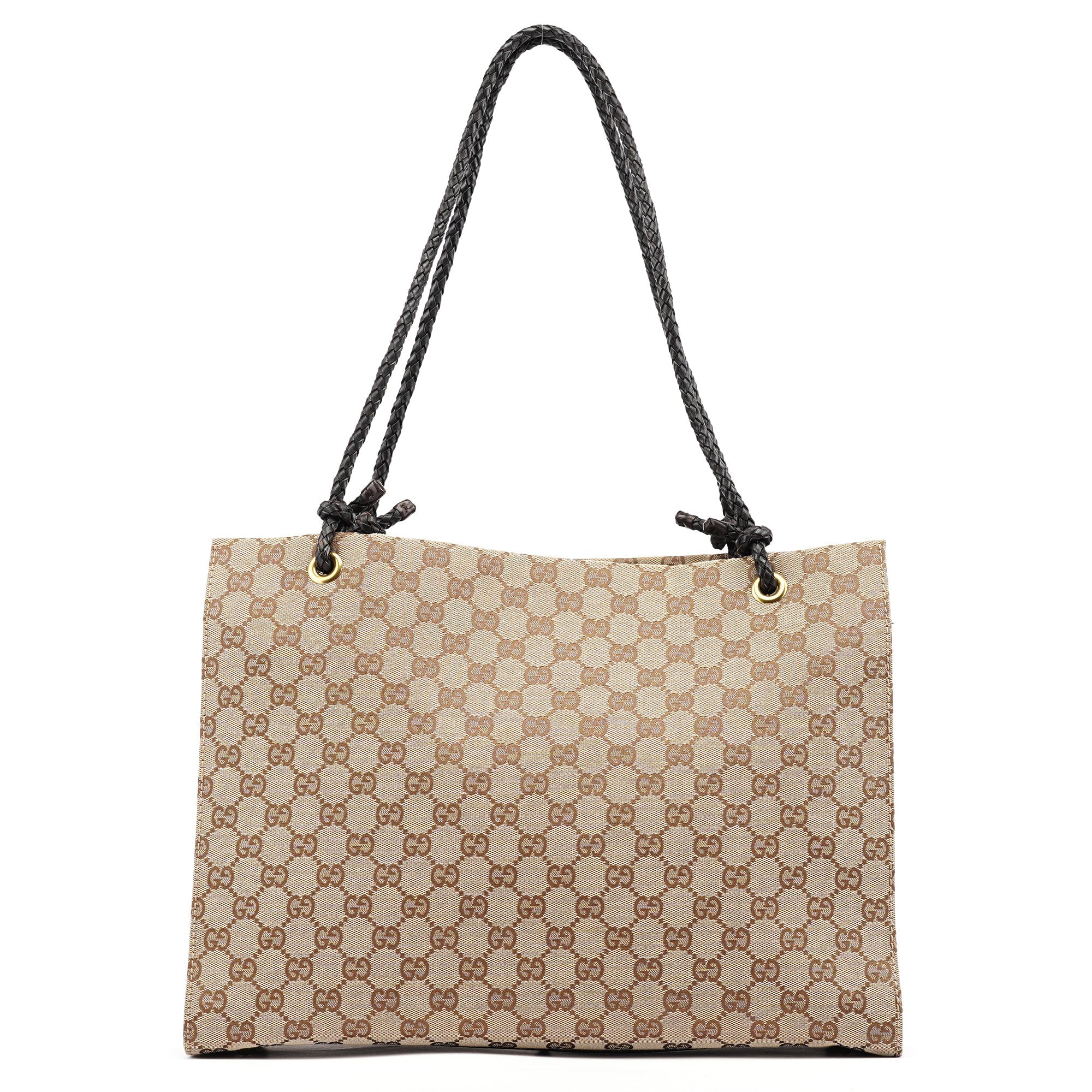 109140 Beige GG Leather Woven Handle Tote Bag