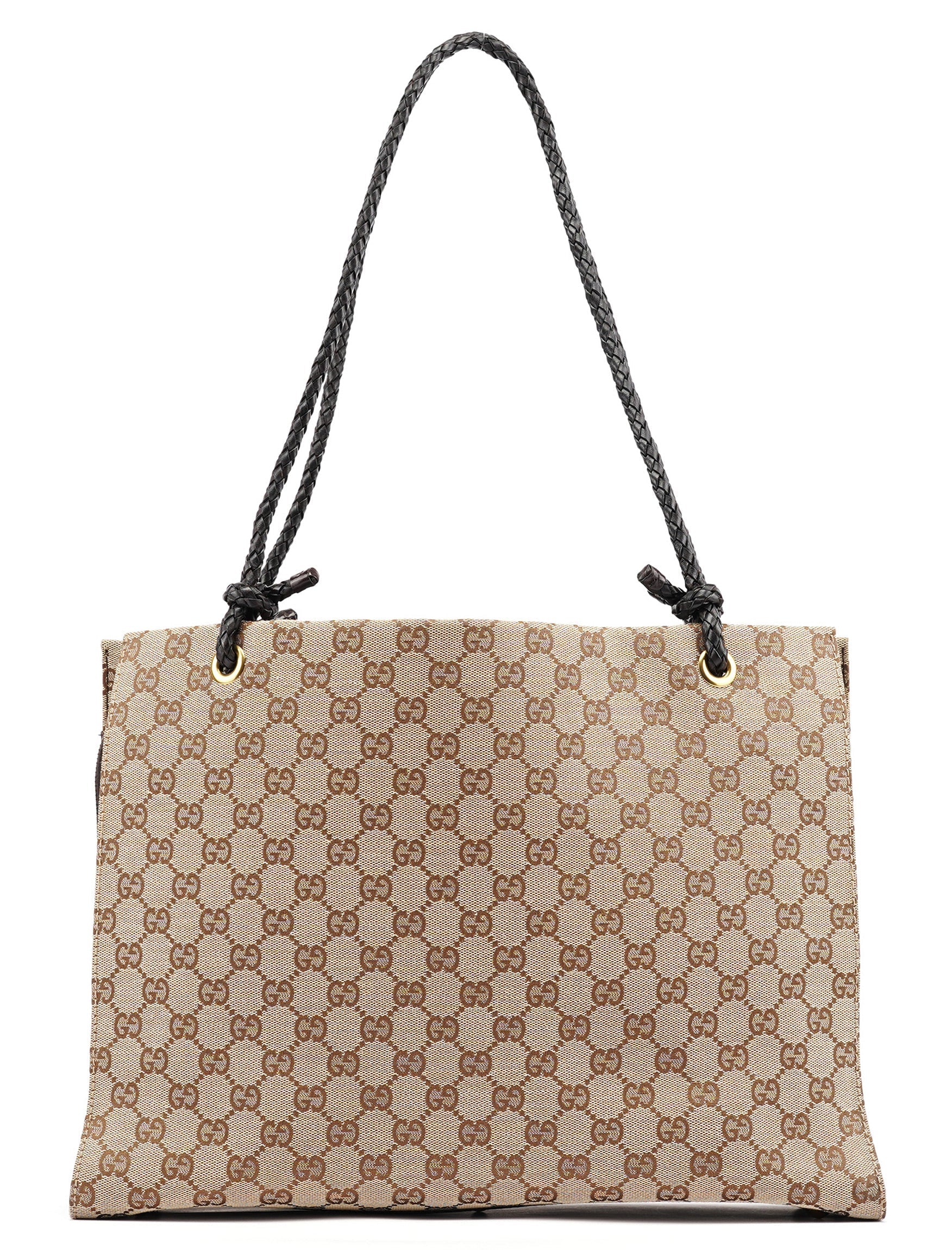 109140 Beige GG Leather Woven Handle Tote Bag