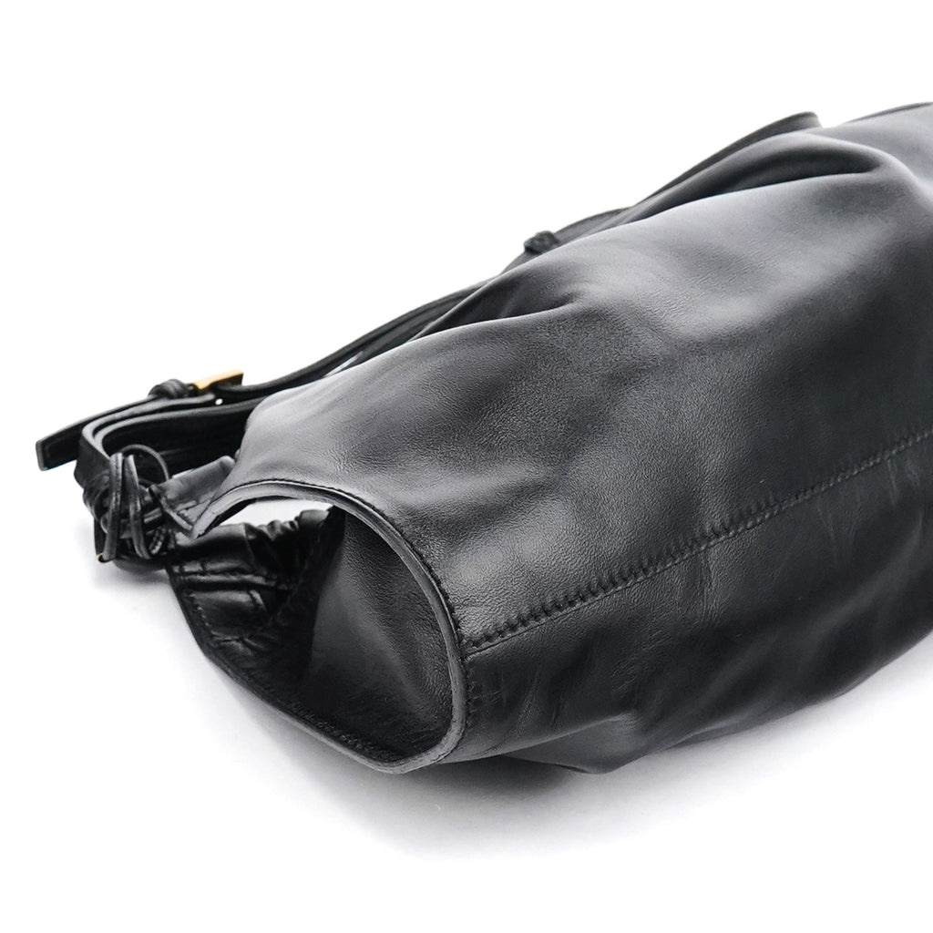109156 Black Calfskin Leather Ruched Shoulder Bag