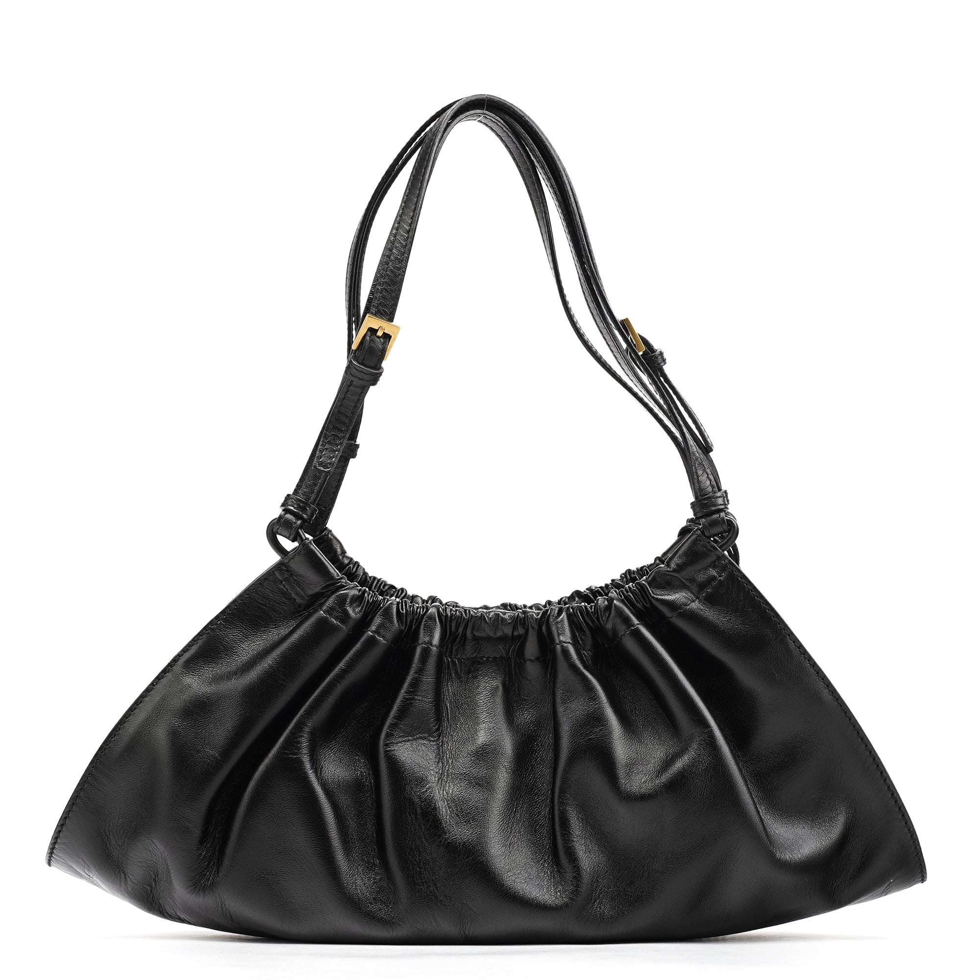 109156 Black Calfskin Leather Ruched Shoulder Bag