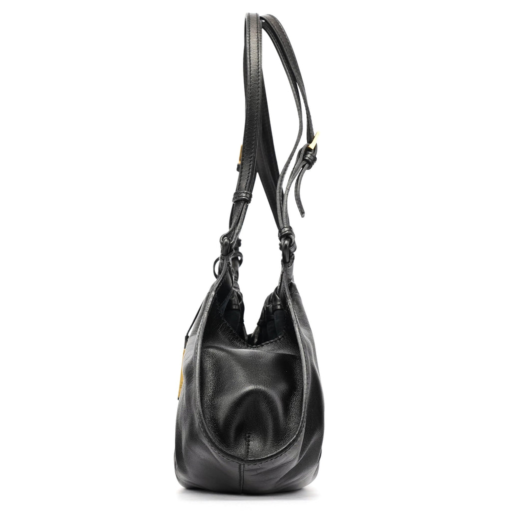 109156 Black Calfskin Leather Ruched Shoulder Bag