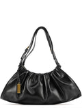 109156 Black Calfskin Leather Ruched Shoulder Bag