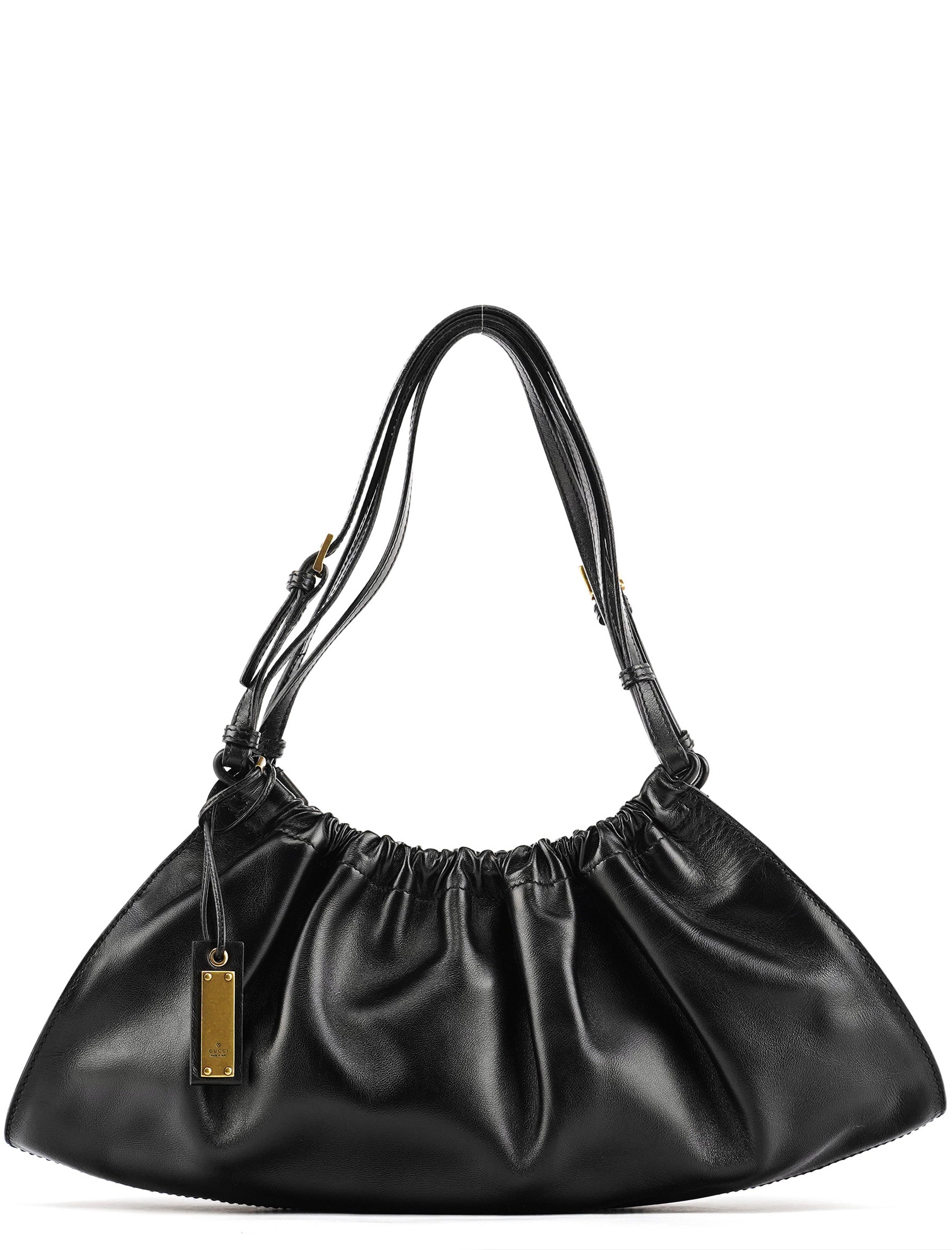 109156 Black Calfskin Leather Ruched Shoulder Bag