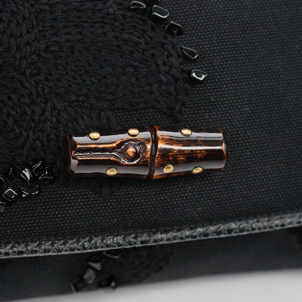 123247 Black Canvas Lizard Bamboo Shoulder Bag