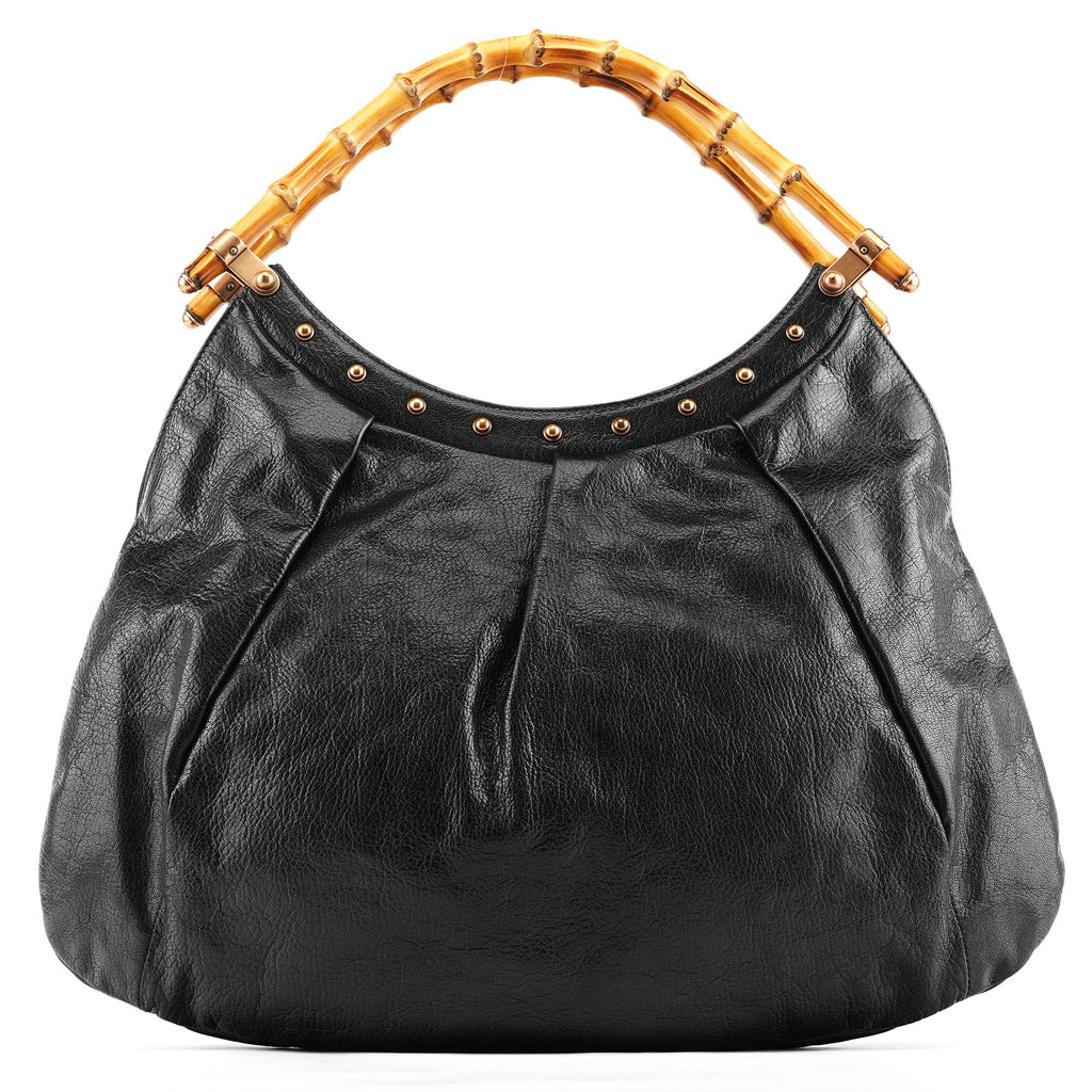 124 293 Black Leather Bamboo Handle Shoulder Bag
