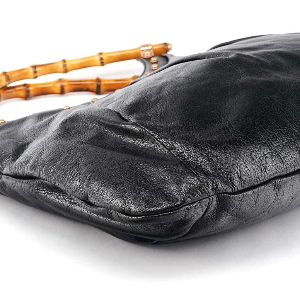 124 293 Black Leather Bamboo Handle Shoulder Bag