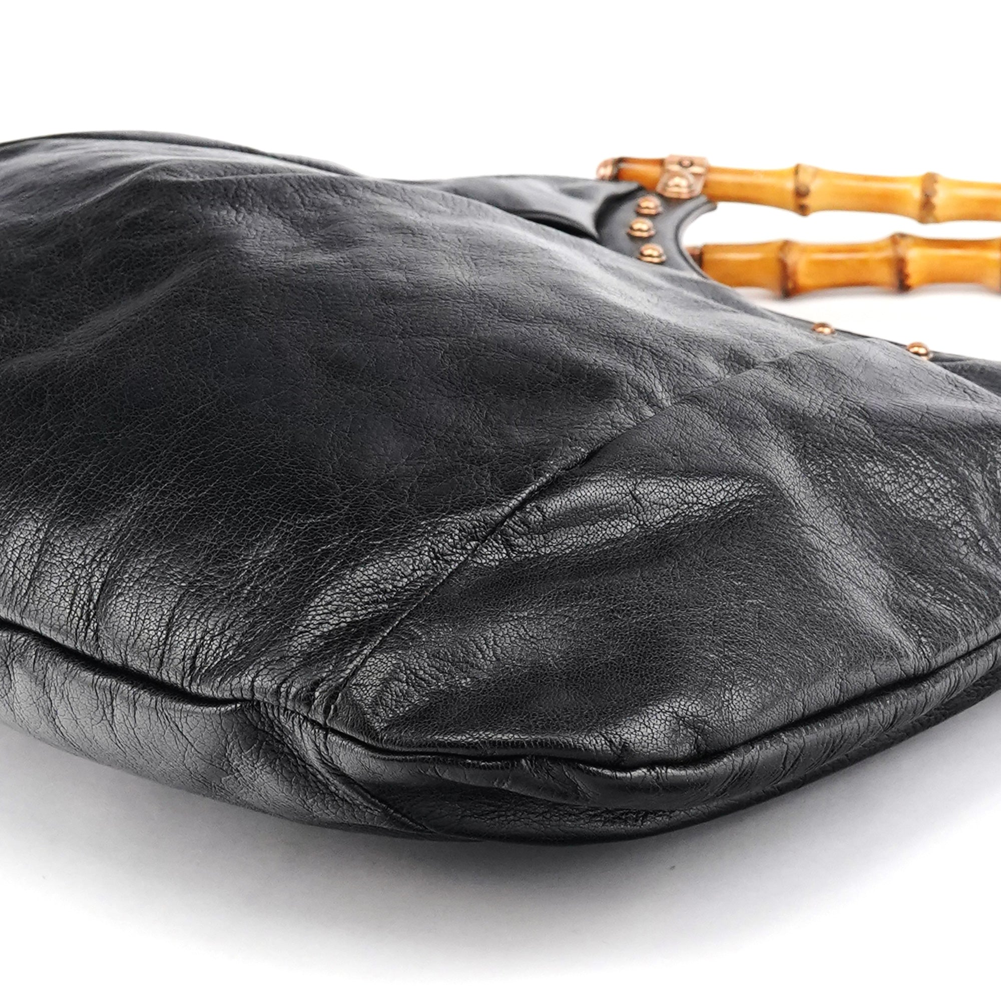 124 293 Black Leather Bamboo Handle Shoulder Bag