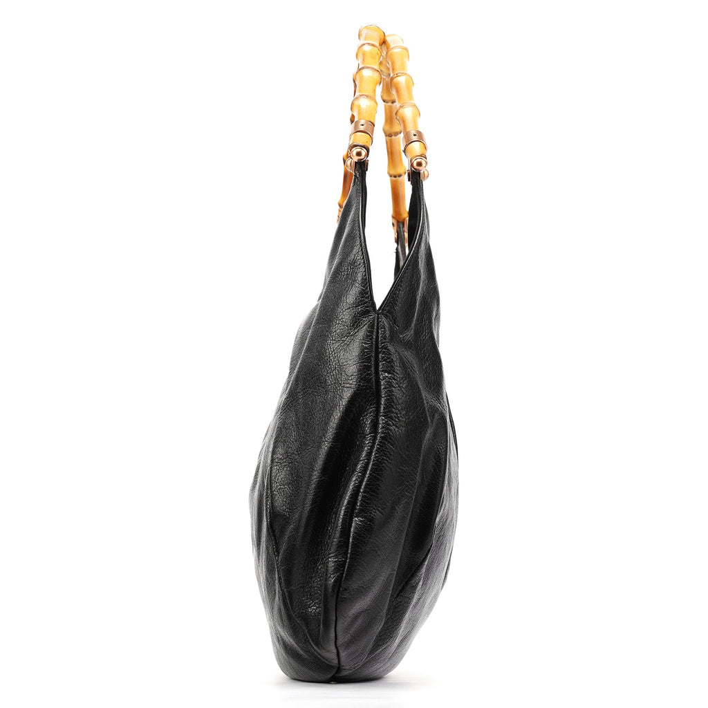 124 293 Black Leather Bamboo Handle Shoulder Bag