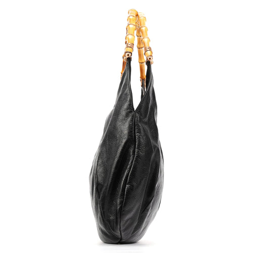 124 293 Black Leather Bamboo Handle Shoulder Bag