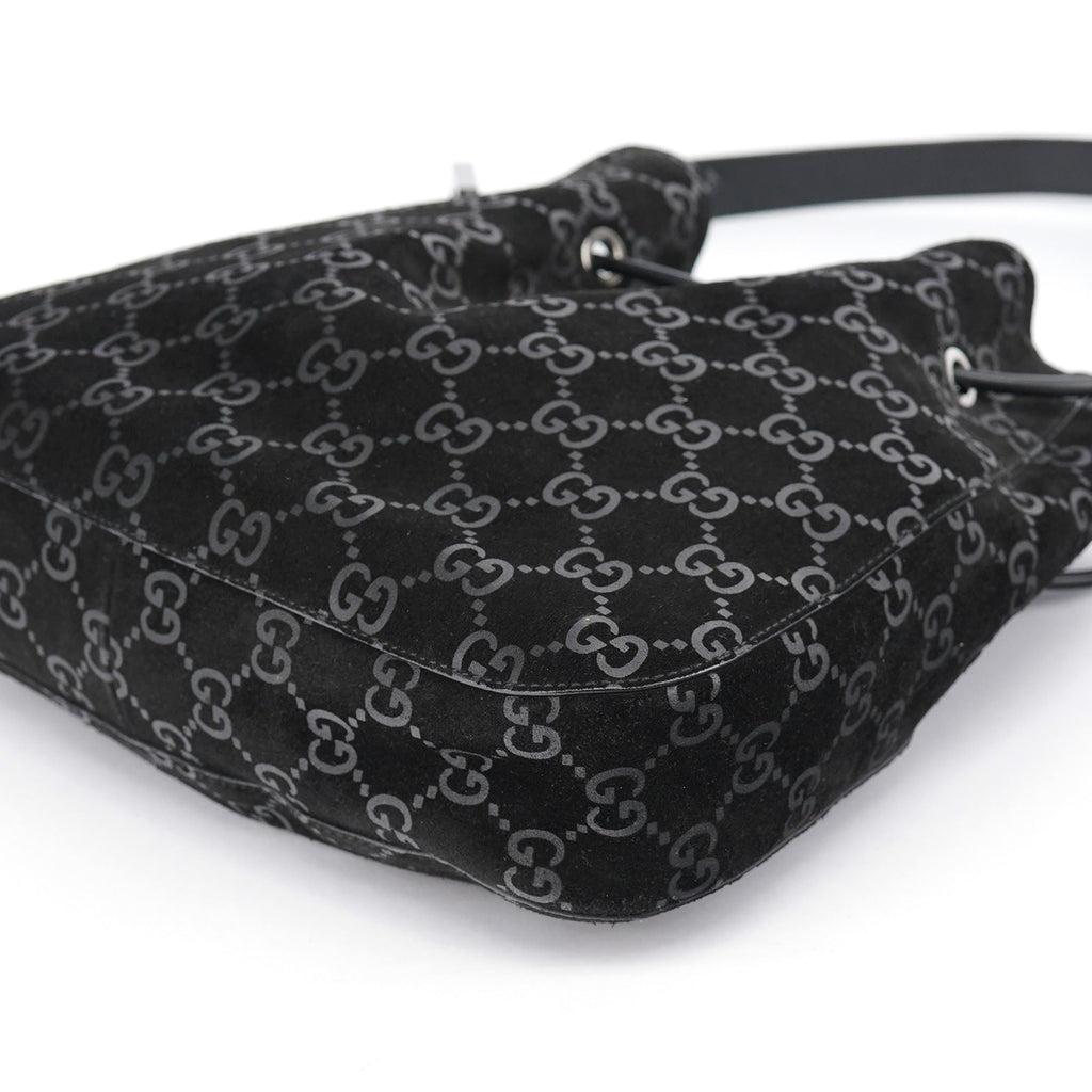 1997 Black GG Suede Drawstring Shoulder Bag