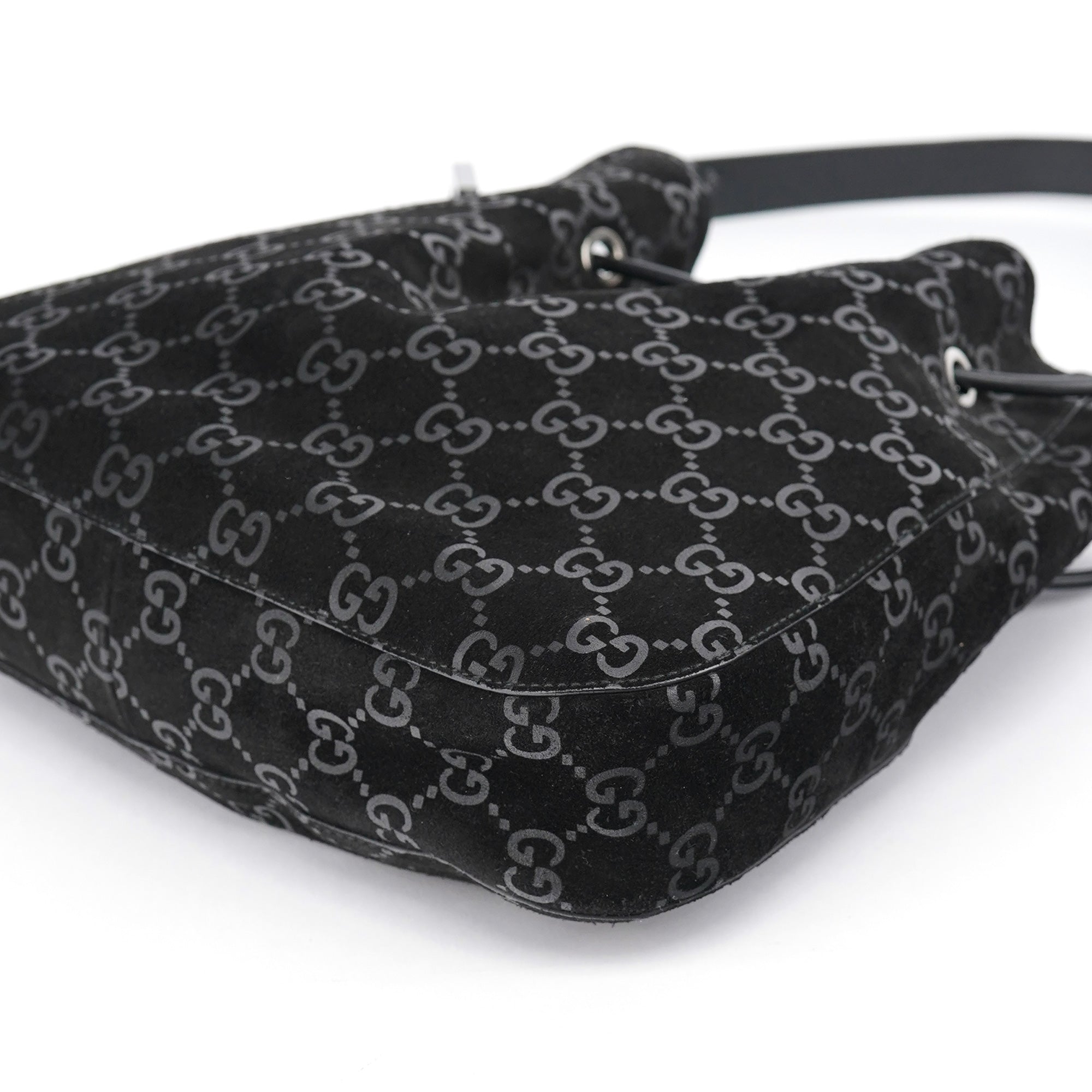 1997 Black GG Suede Drawstring Shoulder Bag