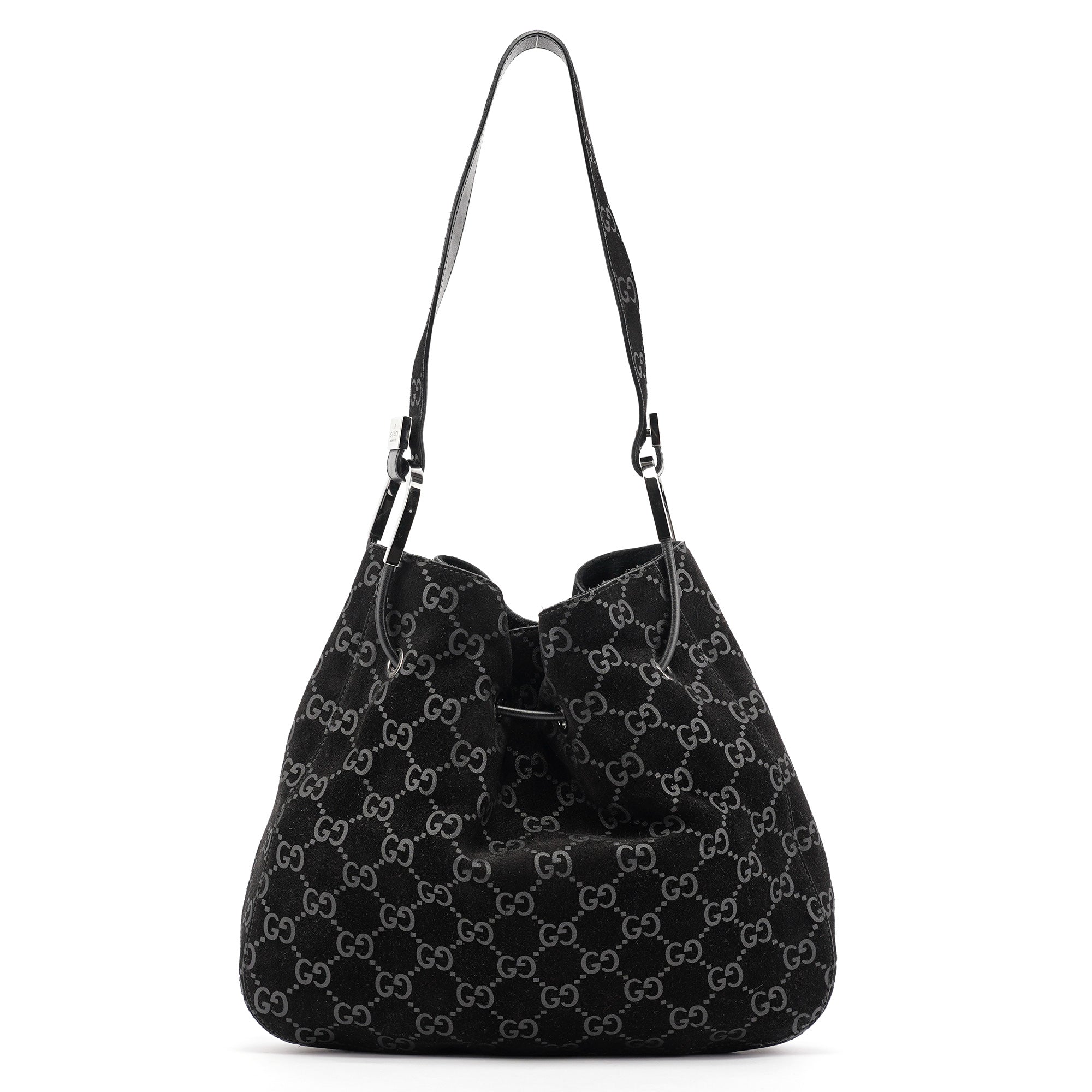 1997 Black GG Suede Drawstring Shoulder Bag