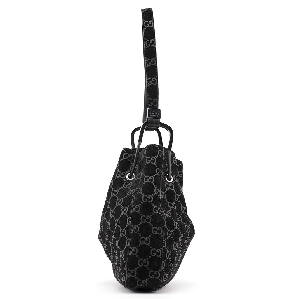 1997 Black GG Suede Drawstring Shoulder Bag