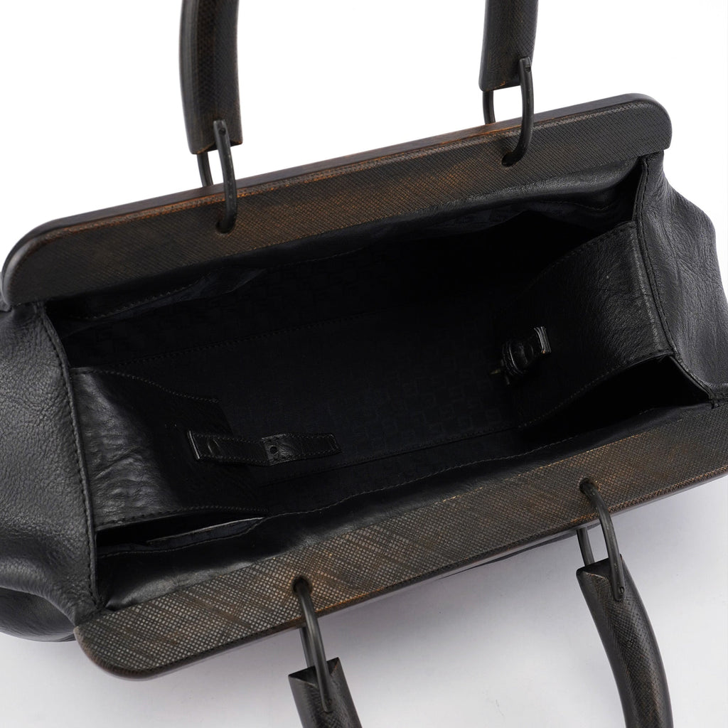 2002 Black Leather Runway Wood Handle Bag