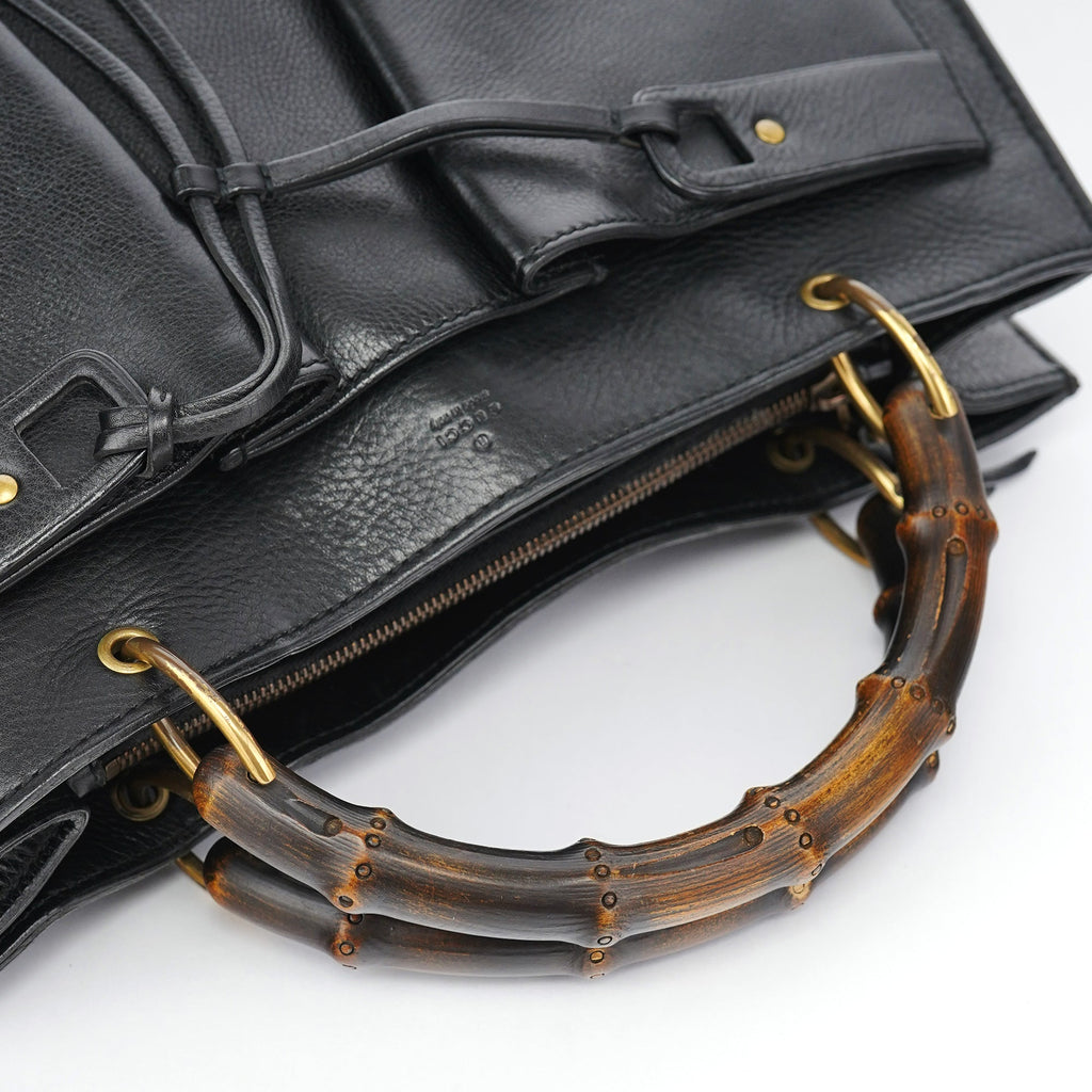 2003 Black Leather Bamboo Tote Bag