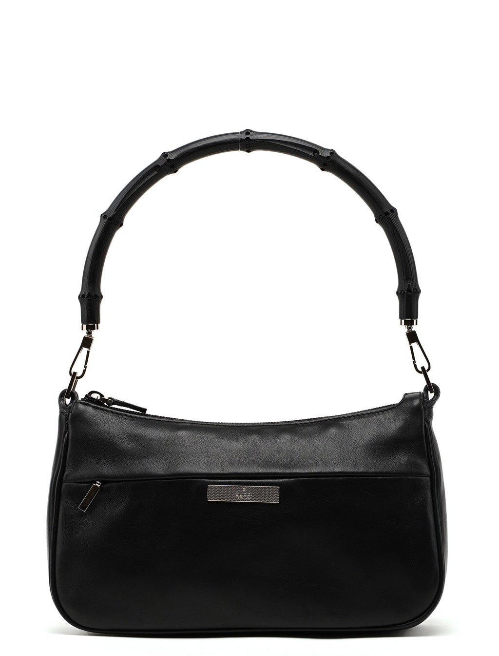 4870. Black Leather Bamboo Hobo Bag