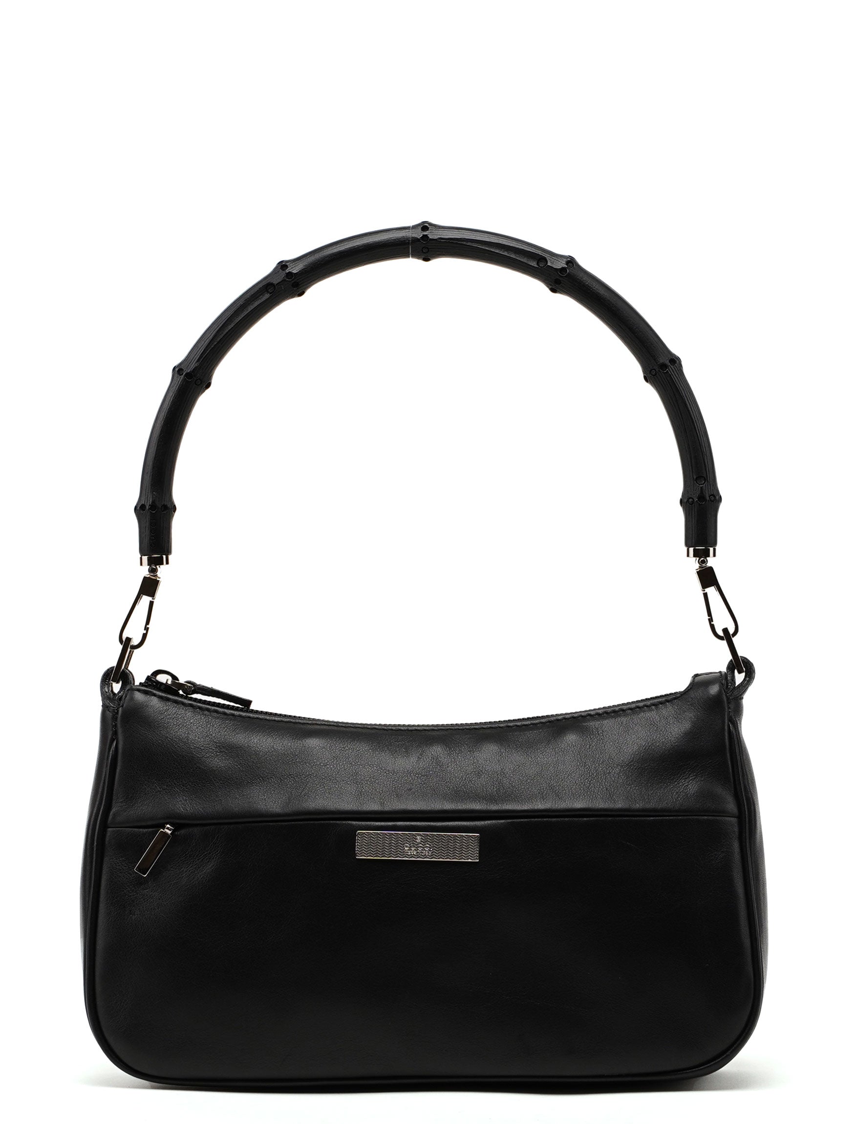 4870. Black Leather Bamboo Hobo Bag