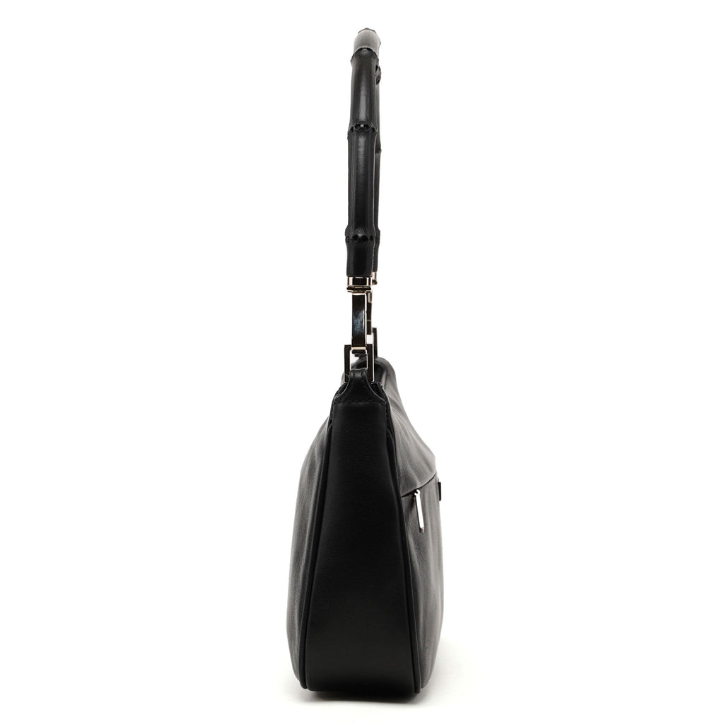 4870. Black Leather Bamboo Hobo Bag