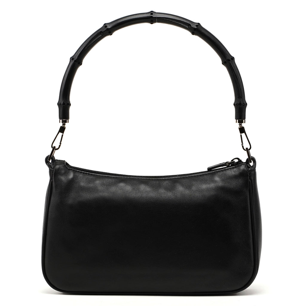 4870. Black Leather Bamboo Hobo Bag