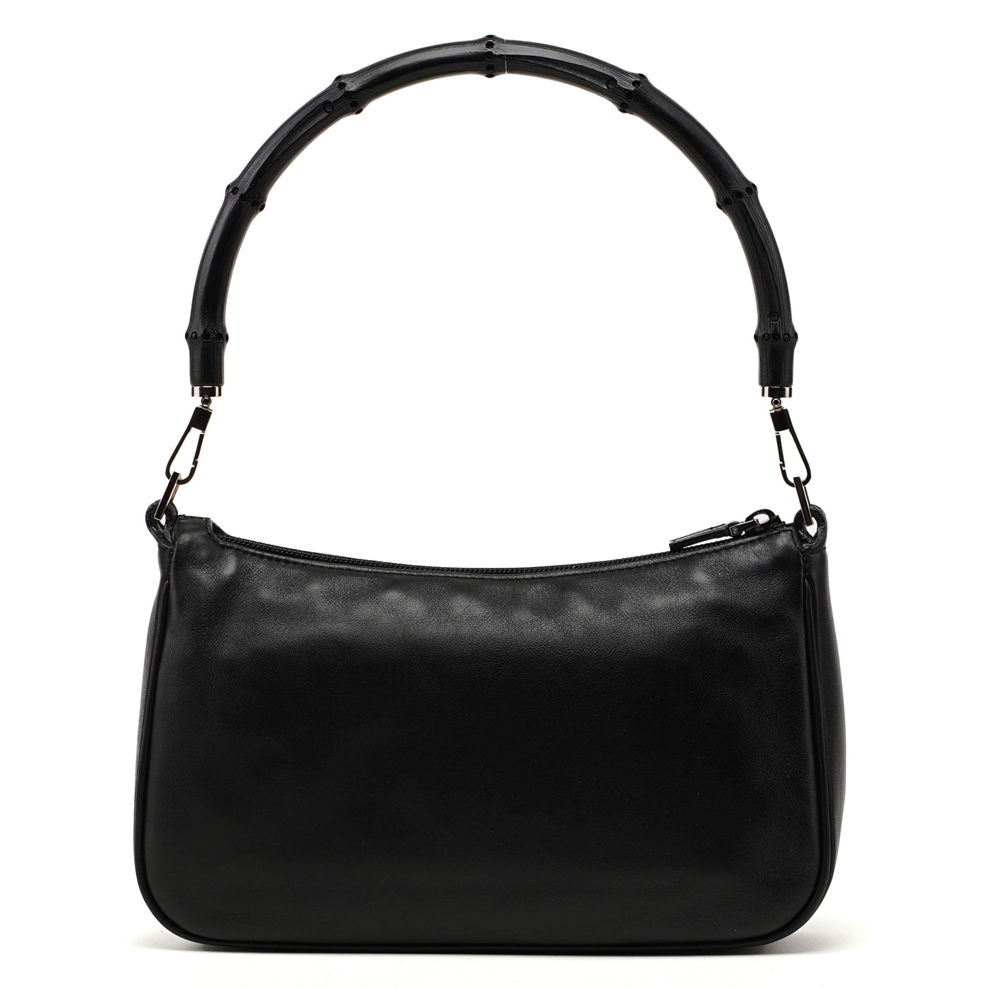 4870. Black Leather Bamboo Hobo Bag