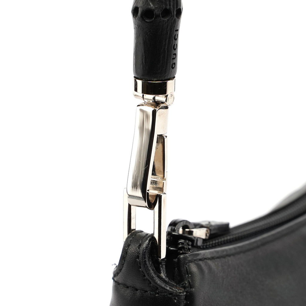4870. Black Leather Bamboo Hobo Bag