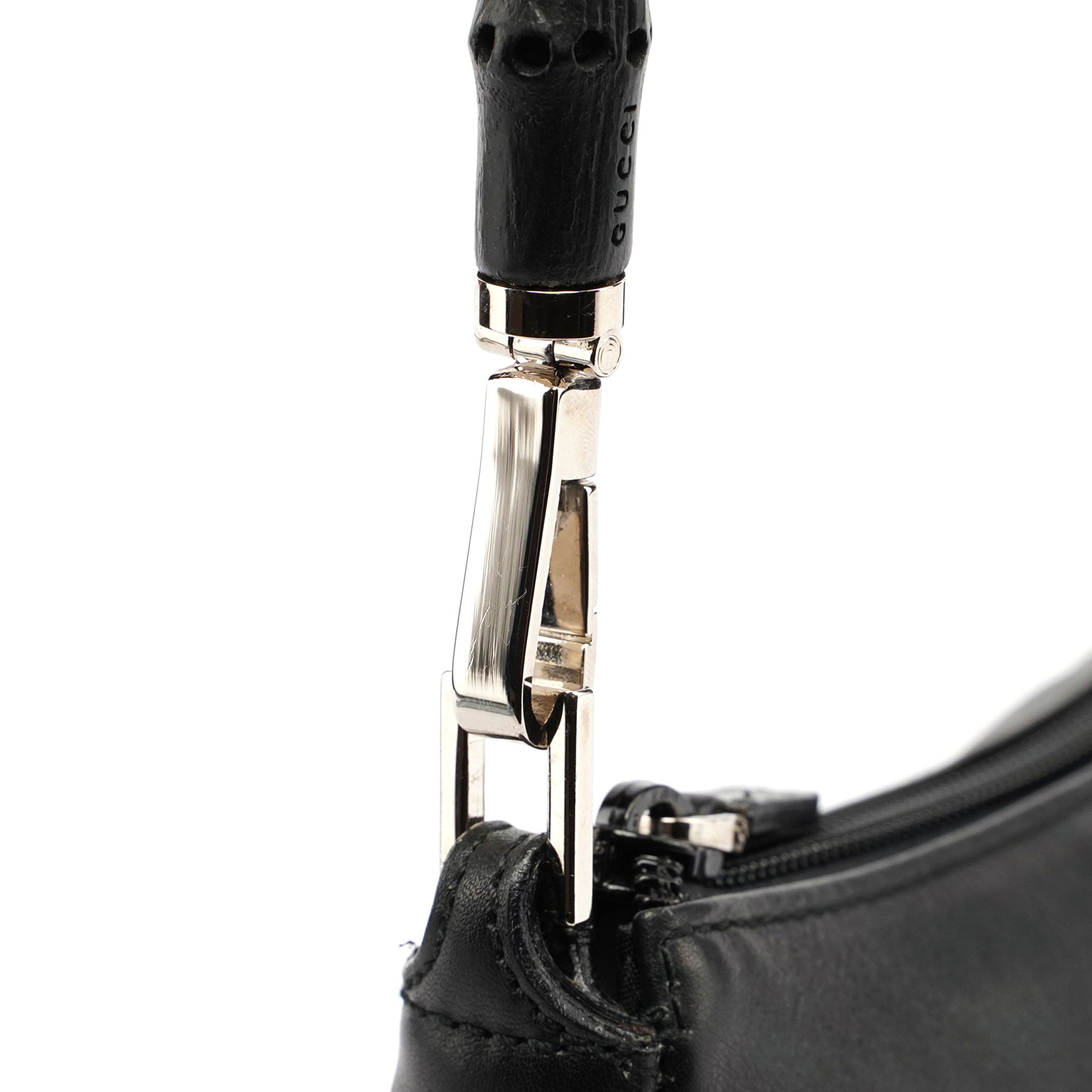 4870. Black Leather Bamboo Hobo Bag
