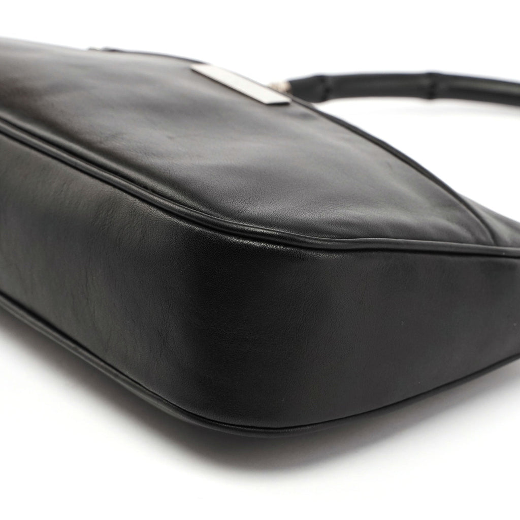 4870. Black Leather Bamboo Hobo Bag