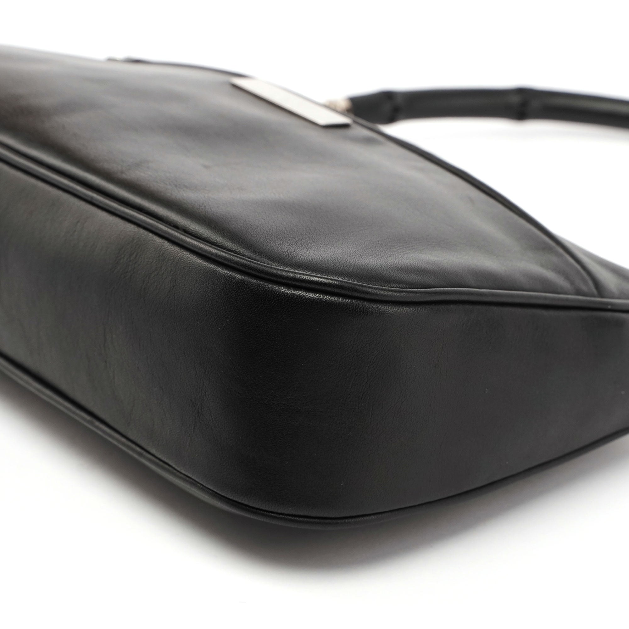 4870. Black Leather Bamboo Hobo Bag