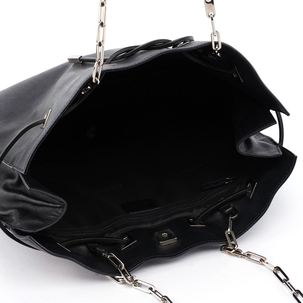 5338. Gucci Black Calfskin Drawstring Chain Tote
