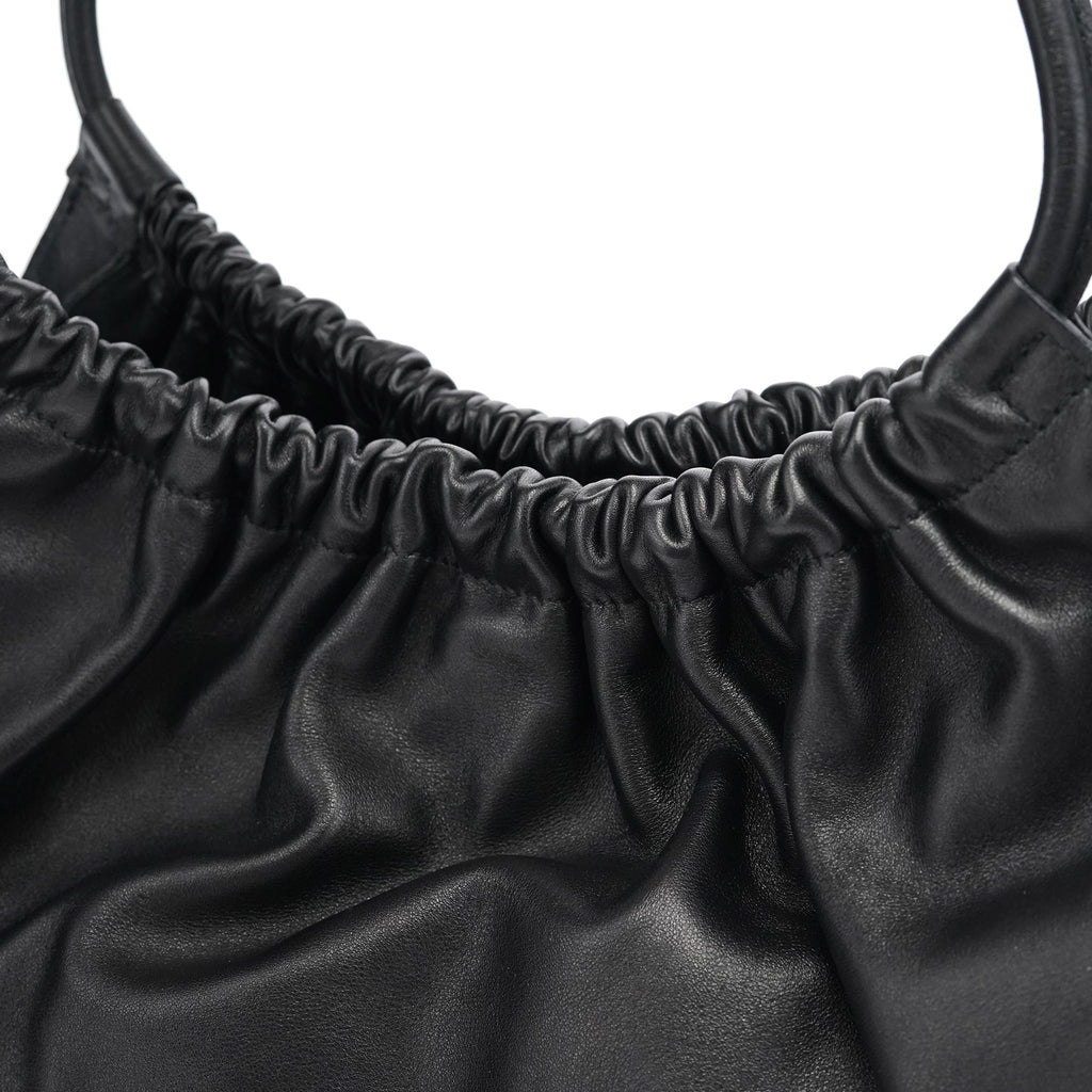 76553 Black Calfskin Ruched Shoulder Bag