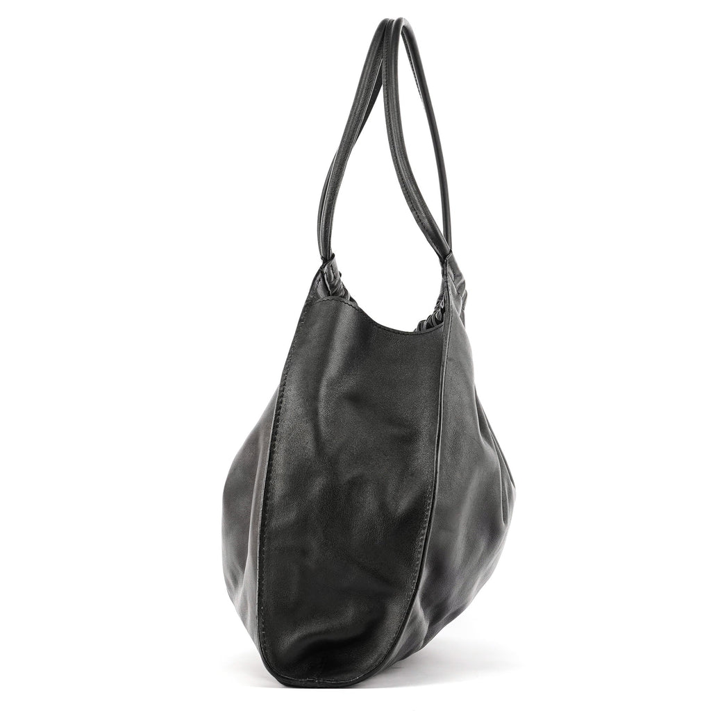 76553 Black Calfskin Ruched Shoulder Bag