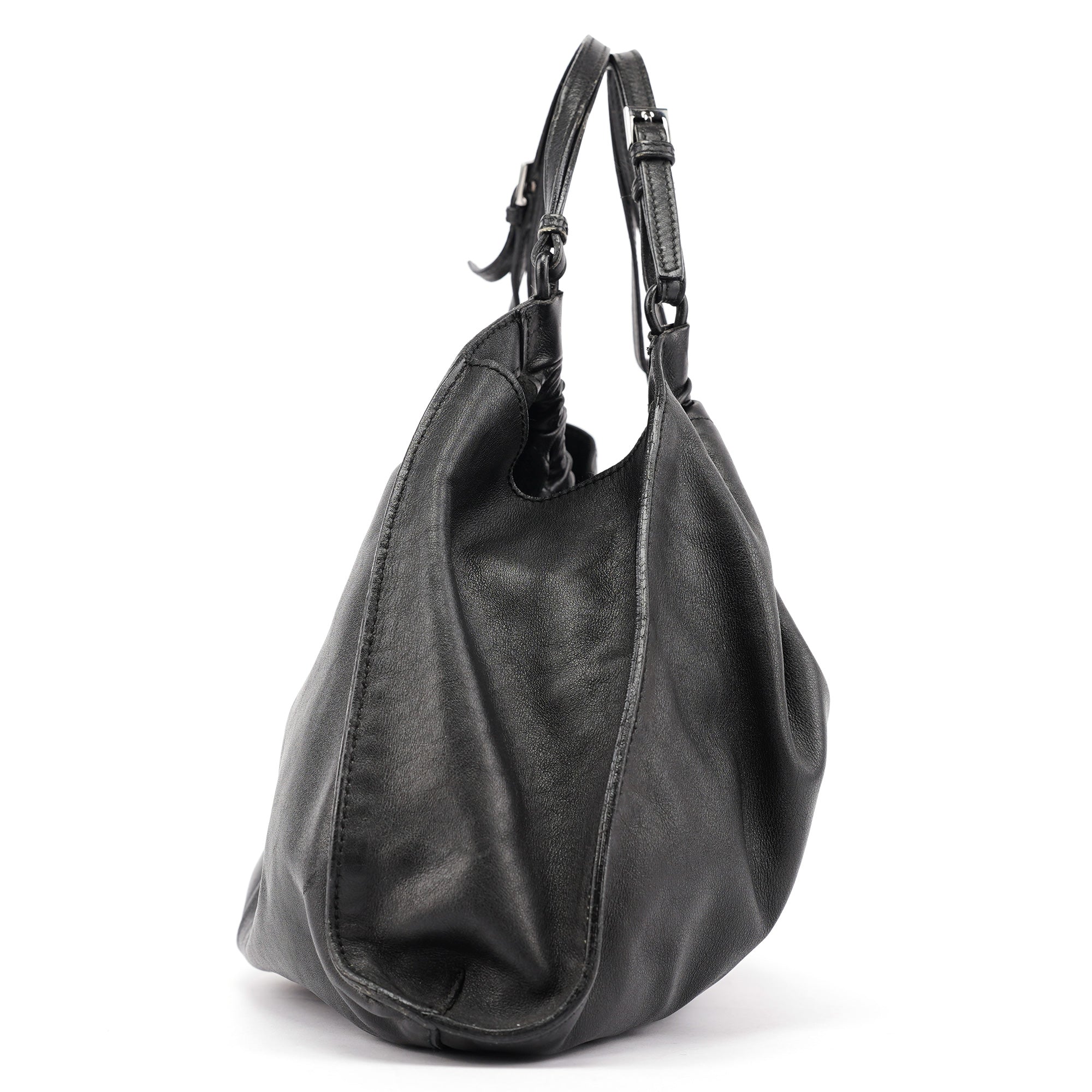 76554 Black Leather Ruched Bag