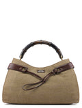 Beige Canvas Bamboo Top Handle Bag