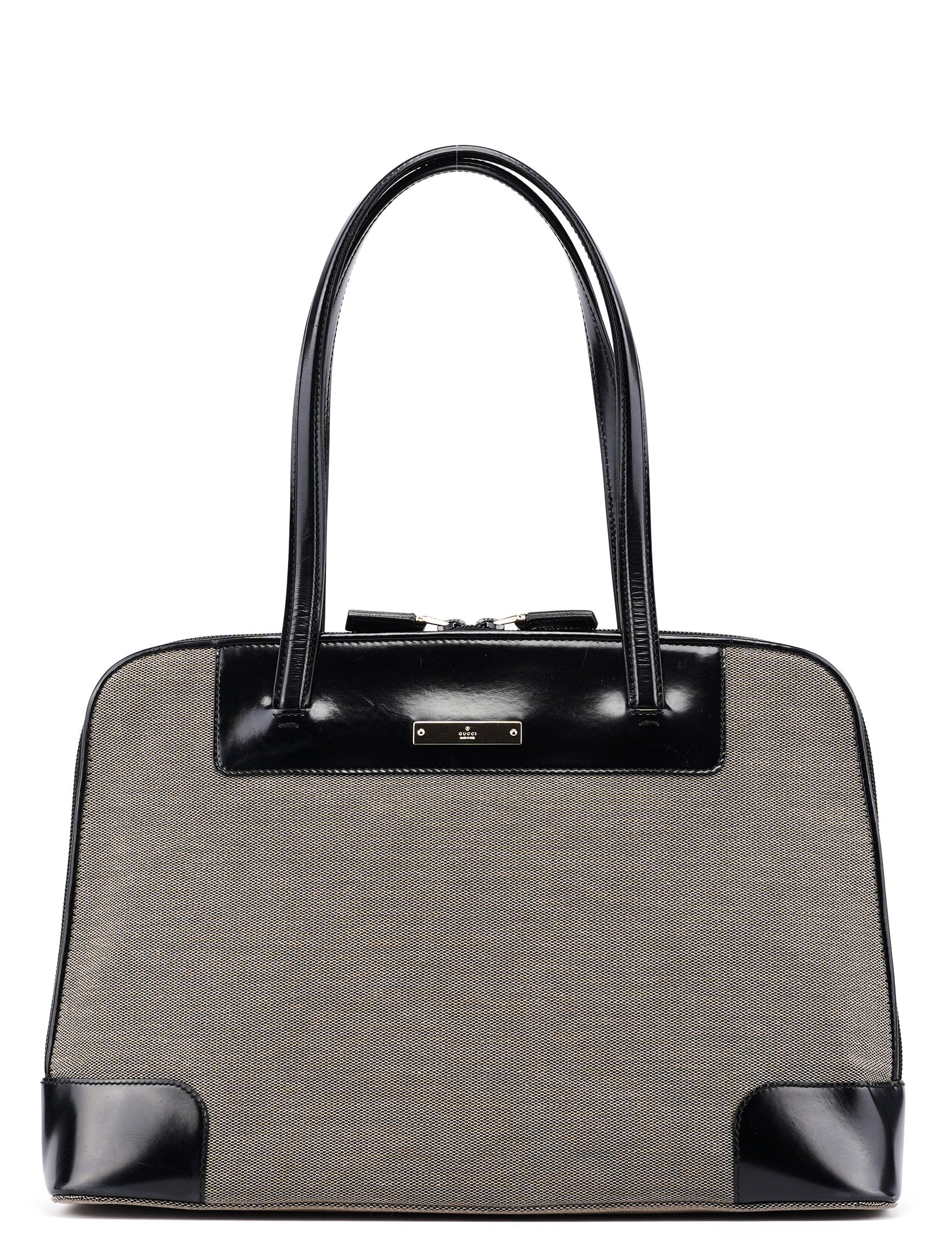 Beige Canvas Patent Leather Tote Bag