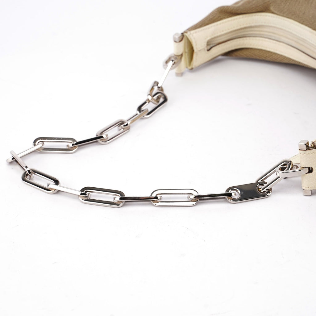 Beige Canvas Silver Chain Shoulder Bag